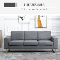 HOMCOM 3 Seater Sofa, Linen Upholstered Cozy Padded Couch with Steel Leg, Backrest and Wide Armrest, for Living room, Bedroom, Dark Grey(m-4)