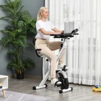 Soozier Stationary Exercise Bike with Adjustable Desktop, Seat Height and Resistance, 3lb Flywheel and Foldable Space-Saving Design, White(m-2)