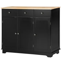 HOMCOM Kitchen Storage Cabinet, Sideboard Floor Cupboard with Solid Wood Top, Adjustable Shelf, and 3 Drawers, Black(m-11)