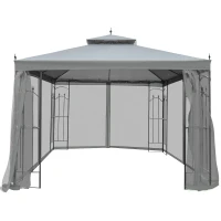Outsunny 10' x 10' Steel Outdoor Patio Gazebo Canopy with Removable Mesh Curtains, Display Shelves, & Steel Frame, Grey(m-11)