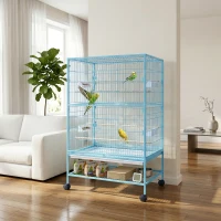 PawHut 52'' Large Rolling Steel Bird Cage Bird House with Rolling Stand, Storage Shelf, Wood Perch, Food Container, Light Blue(m-1)