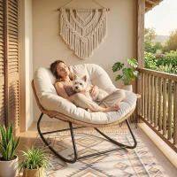 Outsunny Indoor Outdoor Papasan Rocking Chair, Oversized Rocking Egg Chair with Cushion for Garden, Patio, Beige(m-8)