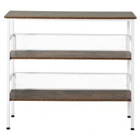 HOMCOM 3-Tier Console Table Industrial Style Storage Metal Wooden Shelf with a Robust Multi-Functional Design & Adjustable Feet, White(m-7)