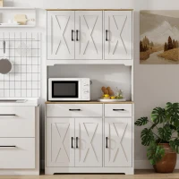 HOMCOM Tall Kitchen Pantry, 6 Doors, 2 Drawers, Adjustable Shelves & Worktop, Rustic Storage Cabinet for Living Room White(m-7)
