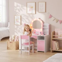 Qaba Kids Vanity Set, Toddler Dressing Table and Chair Set  with Lighted Bow Mirror, Cabinet, Drawer and Shelves, Pink(m-1)