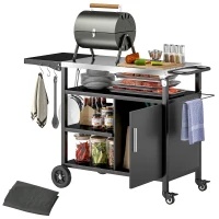 Outsunny Outdoor BBQ Stand with Foldable Side Table, Stainless Steel Top, Pizza Oven Table with Wheels Hooks Shelves(m-9)