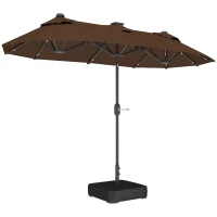 Outsunny 10FT Double-Sided Patio Umbrella with Solar Lights and Sandbag Base, Outdoor Umbrella with Push Button Tilt, Crank, Air Vents for Garden, Backyard, Deck, Pool, Market, Coffee(m-1)