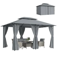 Outsunny 13'L x 10'W x 8.7'H Patio Gazebo Outdoor 2-Tiers Garden Canopy Yard Sunshade Shelter with Curtains, Grey(m-2)