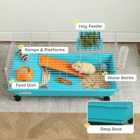 PawHut 35"L Small Animal Cage, Rolling Bunny Cage, Guinea Pig Cage with Wheels, Food Dish, Water Bottle, Hay Feeder, Blue(m-6)