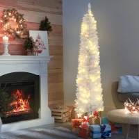 HOMCOM 6ft Tall Prelit Pencil Artificial Christmas Tree, Holiday Décor with 395 Realistic Branches, 100 LED Lights, Foldable Metal Base, White(m-9)