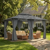 Outsunny 13'L x 10'W x 8.7'H Patio Gazebo Outdoor 2-Tiers Garden Canopy Yard Sunshade Shelter with Curtains, Grey(m-1)