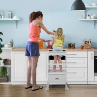Qaba 2 in 1 Kids Foldable Kitchen Step Stool, Toddler Standing Tower with Chalkboard and Lockable Handrail for Children 3-6 Years Old, Gray(m-2)