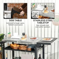 Outsunny 3-Shelf Outdoor Grill Cart Table with Foldable Side Table and Stainless Steel Table Top, Pizza Oven Stand on Wheels(m-5)