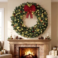 HOMCOM 48" Prelit Crestwood Spruce Artificial Christmas Wreath, Christmas Decor with Bow, 8 Modes, Red Berries, Pinecones(m-2)