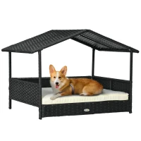 PawHut Wicker Dog House with Removable Cushion Lounge, Cream White(m-11)