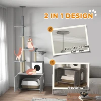 PawHut 2 in 1 Floor to Ceiling Cat Tree with Litter Box Enclosure, Condo, Bed, Hammock, Scratching Posts, and Platforms, Gray(m-4)