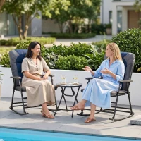 Outsunny 3pc Patio Foldable Rocking Chair Set, Outdoor Rocking Chairs and Table Bistro Set w/ Padded Seat, Headrest, Backrest for park, backyard, garden, Blue(m-9)