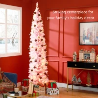 HOMCOM 8ft Pencil Christmas Tree, Slim Artificial Christmas Tree with Realistic Branches and Warm White LED Lights, Pink(m-4)