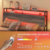 HOMCOM Queen Size Bed Frame with LED Lights and Charging Station, Queen Bed Frame with Storage Headboard, Noise-Free, Walnut(m-4)