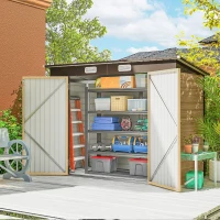 Outsunny 8 x 4FT Galvanized Garden Storage Shed, Metal Outdoor Shed with Double Doors and 2 Vents, Oak(m-1)