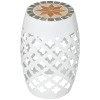 Outsunny Decorative Outdoor Stool, 12" Round Patio Side Table, Mosaic Accent Plant Stand for Garden, Balcony, White(m-1)