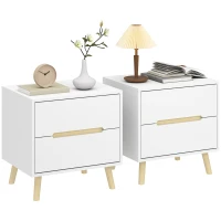 HOMCOM Nightstands Set of 2, Bedside Table with 2 Drawers, Modern Side End Table with Solid  Wood Legs for Bedroom, White(m-9)
