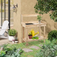 Outsunny 36'' Wooden Potting Bench Work Table with 2 Removable Wheels, Sink, Drawer & Large Storage Spaces, Natural(m-10)