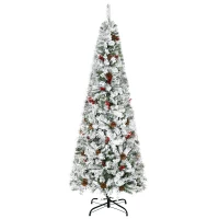 HOMCOM 6' Pencil Snow Flocked Artificial Christmas Tree with 600 Pine Realistic Branches, Pine Cones, Red Berries, Auto Open, Green(m-11)