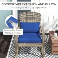 Outsunny Adirondack Chair, Outdoor Wicker Rocking Chair with High Back, Seat Cushion, and Pillow for Porch, Balcony, Dark Blue(m-6)