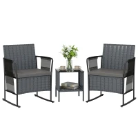 Outsunny 3 Pieces Rocking Bistro Set Outdoor Patio Furniture Set with Side Pockets, Mesh Seat, Cushions, 2-Tier Table, Grey(m-9)