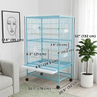 PawHut 52'' Large Rolling Steel Bird Cage Bird House with Rolling Stand, Storage Shelf, Wood Perch, Food Container, Light Blue(m-3)