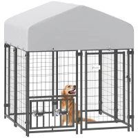 PawHut Welded Wire Outdoor Dog Kennel with 360° Rotating & 4 Levels Adjustable Bowls, Waterproof Cover, 3.9' x 3.9' x 4.5'(m-15)