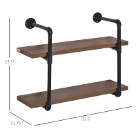HOMCOM 2-Tier Industrial Pipe Shelves, Floating Wall Mounted Bookshelf, Metal Frame Display Rack for Living Room or Bedroom, Rustic Brown(m-4)