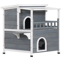 PawHut 2-Story Wooden Cat House Feral Cat Shelter with Transparent PVC Canopy, Balcony, Escape Door and Openable Weatherproof Roof for Outdoor, Grey(m-1)