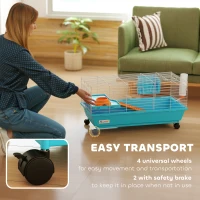 PawHut 35"L Small Animal Cage, Rolling Bunny Cage, Guinea Pig Cage with Wheels, Food Dish, Water Bottle, Hay Feeder, Blue(m-5)