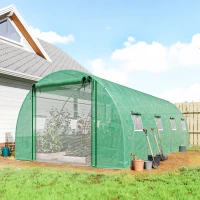 Outsunny Walk-in Tunnel Greenhouse with 2 Support Rods, Mesh Door, Plant Hot House with PE Cover, 20'x10'x7', Green(m-1)