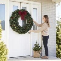 HOMCOM 48" Prelit Crestwood Spruce Artificial Christmas Wreath, Christmas Decor with Bow, 8 Modes, Red Berries, Pinecones(m-8)