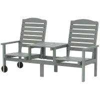 Outsunny Outdoor Bench with Wheels and 3-Position Adjustable High Back, 2 Seater Outdoor Loveseat with Umbrella Hole, Grey(m-2)
