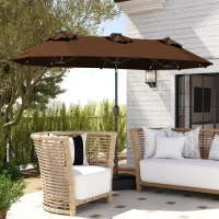 Outsunny 10FT Double-Sided Patio Umbrella with Solar Lights and Sandbag Base, Outdoor Umbrella with Push Button Tilt, Crank, Air Vents for Garden, Backyard, Deck, Pool, Market, Coffee(m-9)