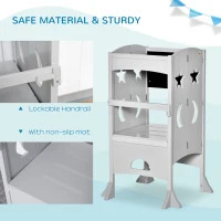 Qaba 2 in 1 Kids Foldable Kitchen Step Stool, Toddler Standing Tower with Chalkboard and Lockable Handrail for Children 3-6 Years Old, Gray(m-6)