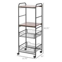 HOMCOM Kitchen Cart with Storage, 16"W Slim Rolling Cart, 4 Tier Kitchen Shelves on Wheels with Side Racks, 2 Basket for Fruit Vegetable, Utility Cart for Narrow Space, Laundry, Walnut(m-12)