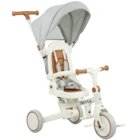 Qaba 7 in 1 Toddler Tricycle w/ Safety Harness, Adjustable & Removable Parent Handle, Canopy, Storage Bag, Brake, Cream White(m-9)