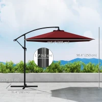 Outsunny 9.7ft Offset Patio Umbrella Garden Hanging Parasol Banana Cantilever Umbrella with Base, Crank, Wine Red(m-3)