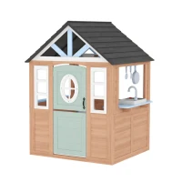 Qaba Kids Outdoor Playhouse, Wooden Cottage Play House with Pet Door, Play Kitchen, Half Door and Windows for Indoor Outdoor(m-10)