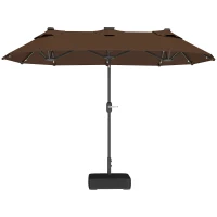 Outsunny 10FT Double-Sided Patio Umbrella with Solar Lights and Sandbag Base, Outdoor Umbrella with Push Button Tilt, Crank, Air Vents for Garden, Backyard, Deck, Pool, Market, Coffee(m-11)