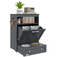 PawHut Pet Feeder Station Storage Cabinet, Dog Food Storage Container with Dog Raised Bowls, Watering Supplies, Gray(m-11)