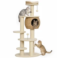 PawHut 52" Cat Tree, Cat Tower with Handwoven Cattail Condo, Bed, Platforms, 3 Scratching Posts and 3 Toy Balls(m-11)