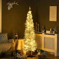 HOMCOM 6ft Pencil Christmas Tree, Slim Artificial Christmas Tree with Realistic Branches and Warm White LED Lights, Green(m-10)