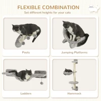 PawHut 4Pcs Cat Wall Shelf with Scratching Post, Cat Wall Shelves for Relaxing, Climbing, Cat Wall With Soft Ladder, Hammock, Play Balls, Grey(m-5)