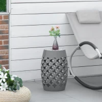 Outsunny Ceramic Decorative Garden Stool, 12" Drum Outdoor Stool Side Table Plant Stand for Outdoor Indoor, Grey(m-1)